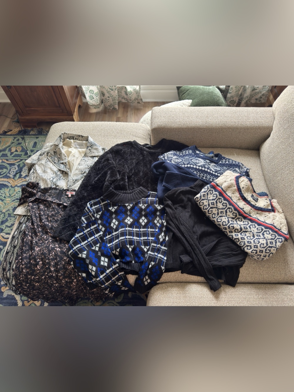 Assorted Women’s Winter Sweaters, Dresses, and Faux Leather Jacket